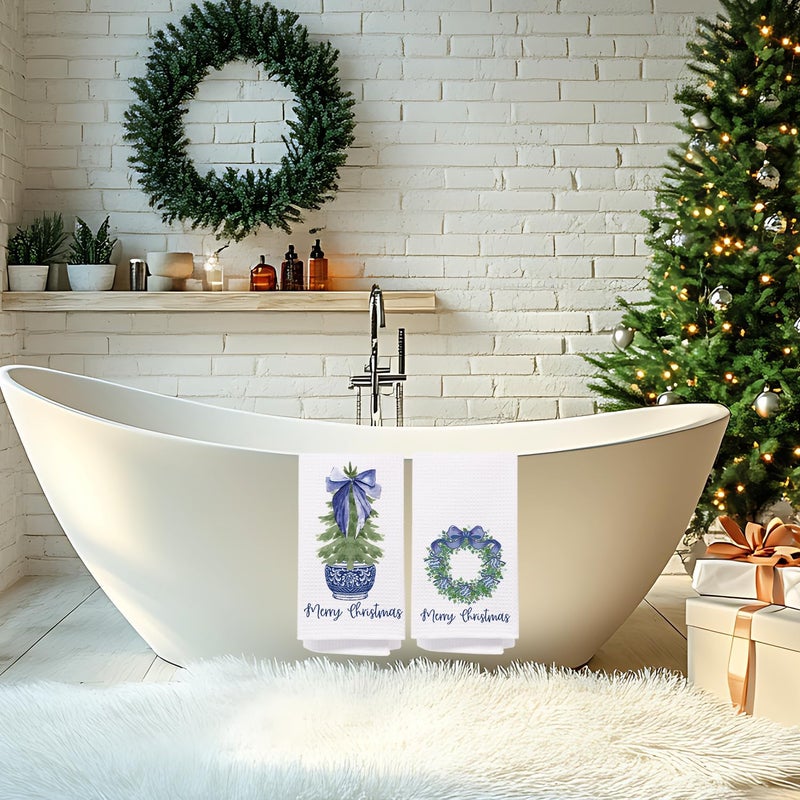 SPBL&L Chinoiserie Christmas Kitchen Towels,Blue Bow Coquette Christmas Tree Dish Towels for Kitchen Bathroom, Blue Christmas Hand Towels for Kitchen,Grandmillennial Decor,16x24 Inches Set of 2 - Image 4